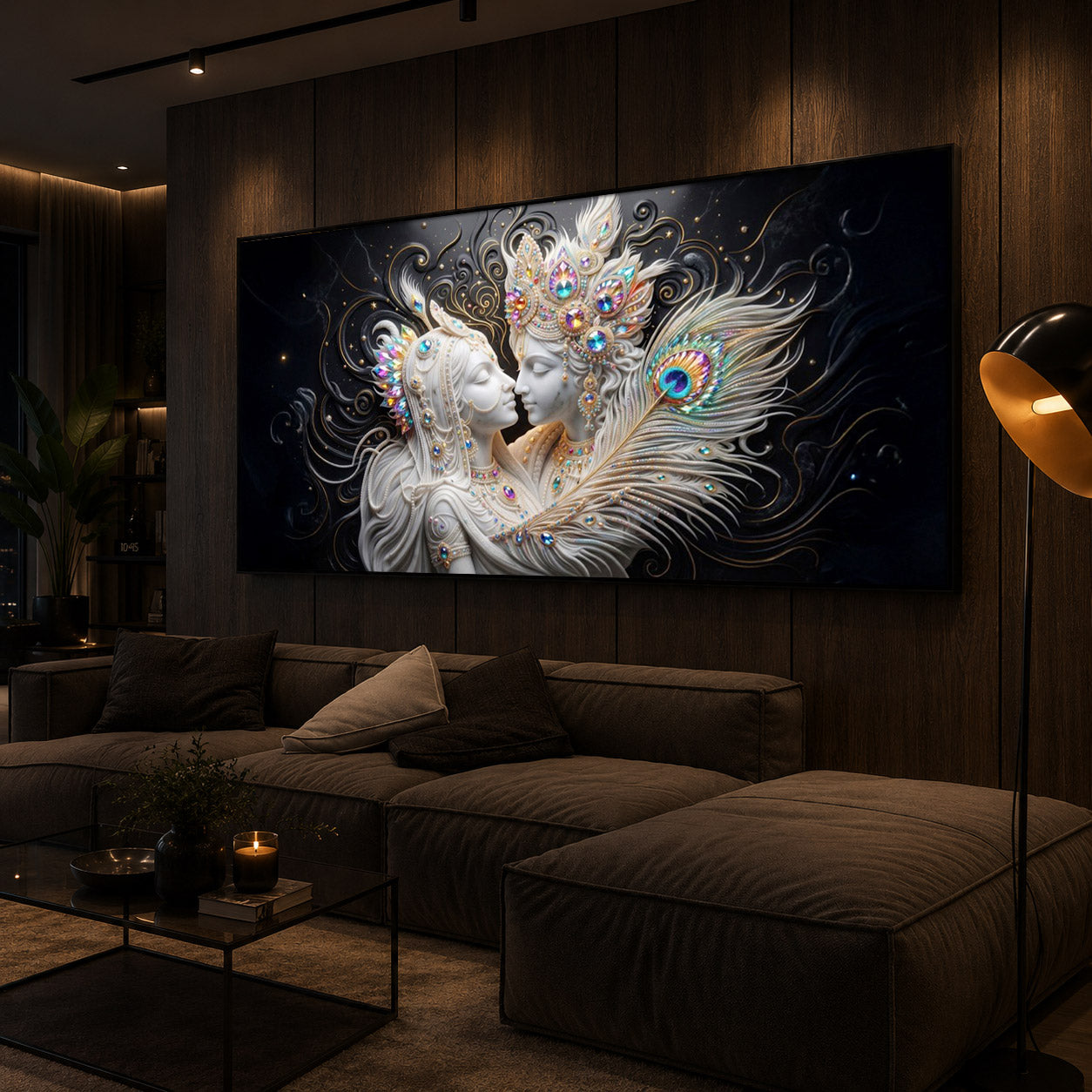 Depicts Radha Krishna Modern Luxury Backlight Horizontal Wall Art