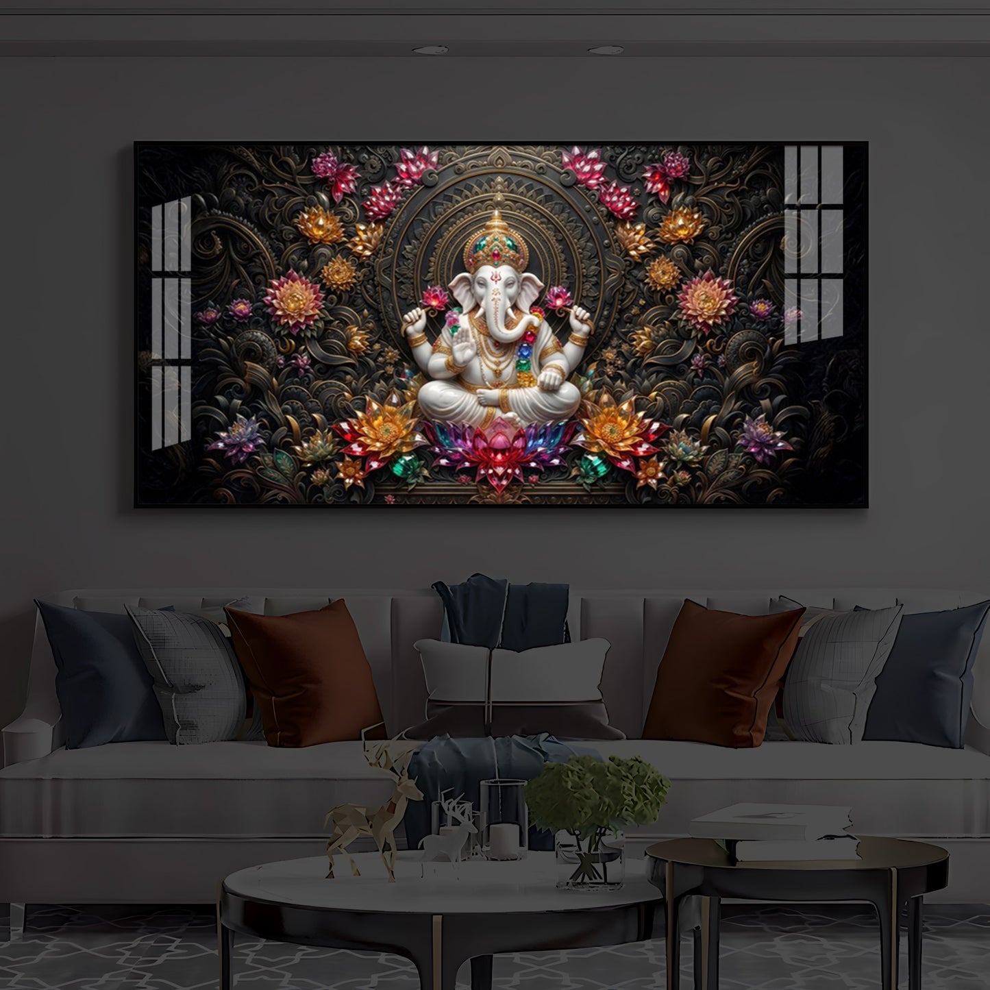 Lord Ganesha Blooming Lotuses Modern Luxury Backlight Horizontal Wall Art