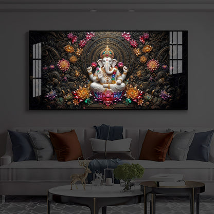 Lord Ganesha Blooming Lotuses Modern Luxury Backlight Horizontal Wall Art