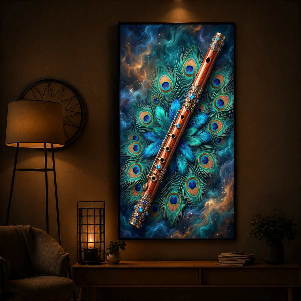 Flute With Peacock Feather Modern Luxury Backlight Vertical Wall Art
