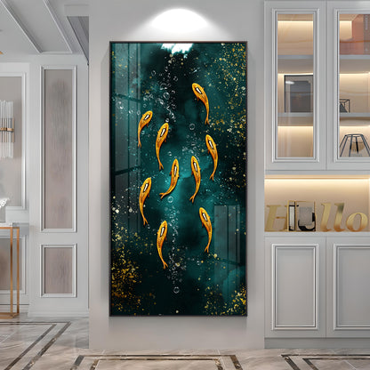 Golden Koi Fishes in Greenery Premium Acrylic Vertical Wall Art