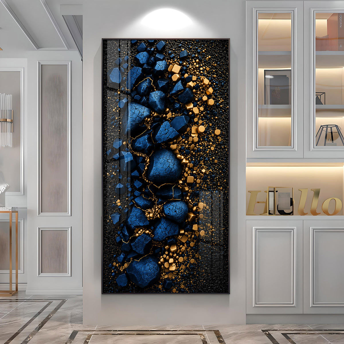 Deep Blue Cracked Rock with Gold Dust Premium Acrylic Vertical Wall Art