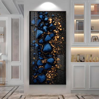 Deep Blue Cracked Rock with Gold Dust Premium Acrylic Vertical Wall Art