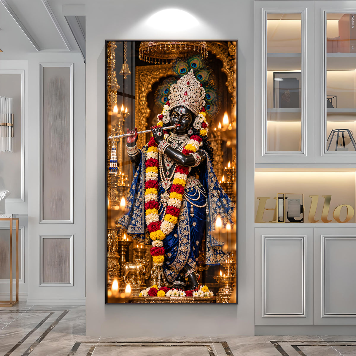 Krishna with Flute in Sanctuary Premium Acrylic Vertical Wall Art
