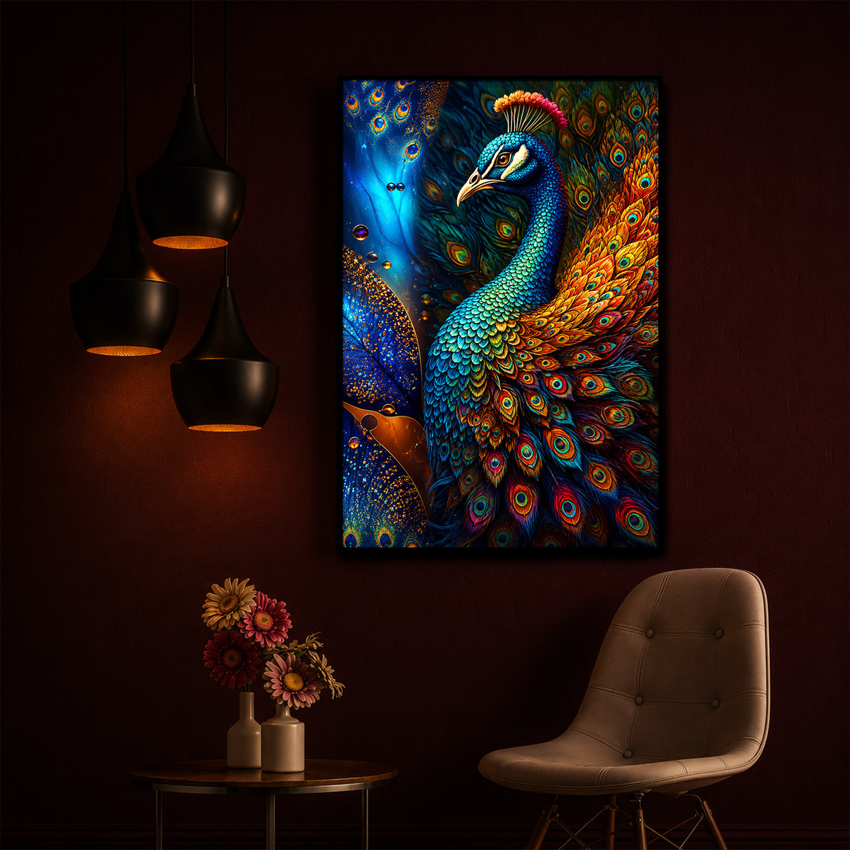 Majestic Regal Peacock Feathers Modern Luxury Backlight Vertical Wall Art