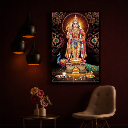 Lord Murugan With Peacock Modern Luxury Backlight Vertical Wall Art