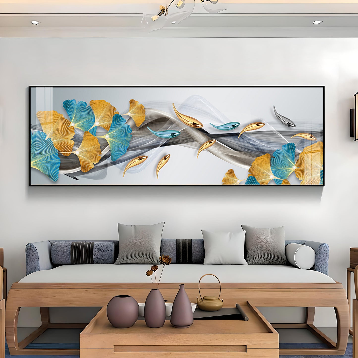 Blue & Golden Leaf Premium Acrylic Horizontal Wall Art