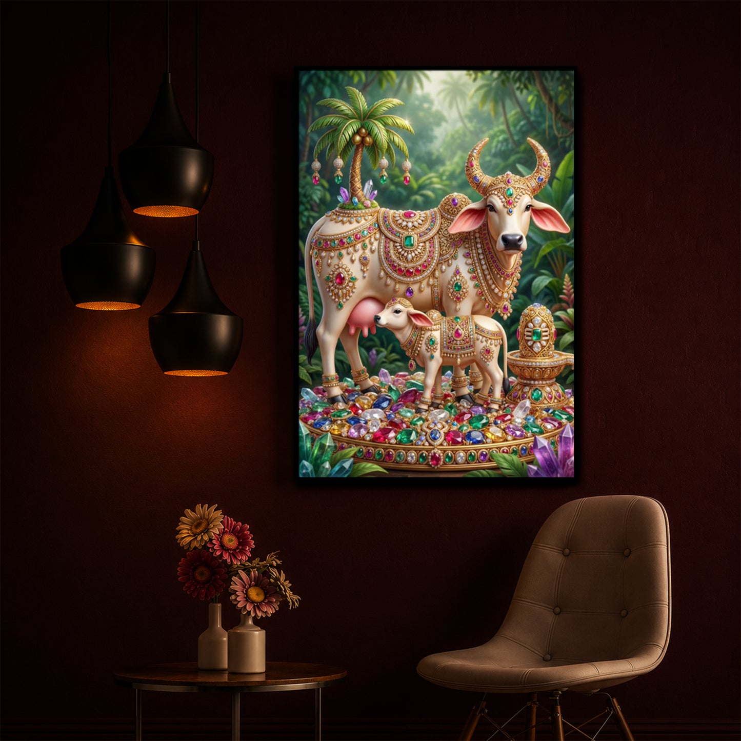 Kamadhenu Cow With Shiv Ji Modern Luxury Backlight Vertical Wall Art