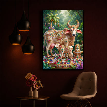 Kamadhenu Cow With Shiv Ji Modern Luxury Backlight Vertical Wall Art