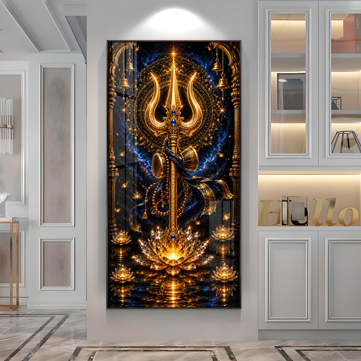 Divine Golden Trishul Premium Acrylic Vertical Wall Art