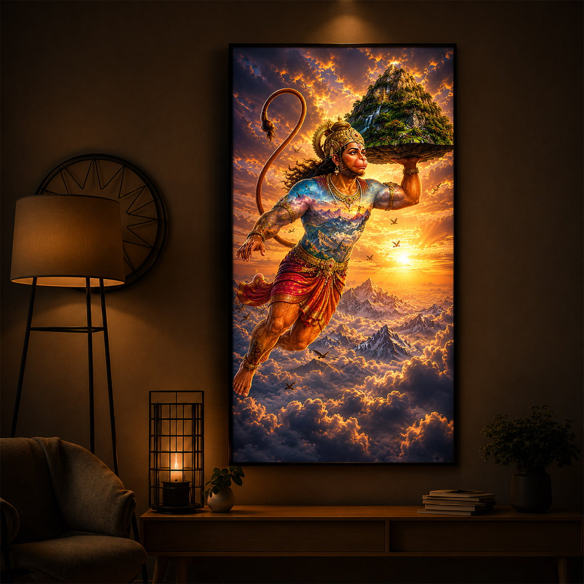 Lord Hanuman Carrying Sanjeevani Mountain Modern Luxury Backlight Vertical Wall Art