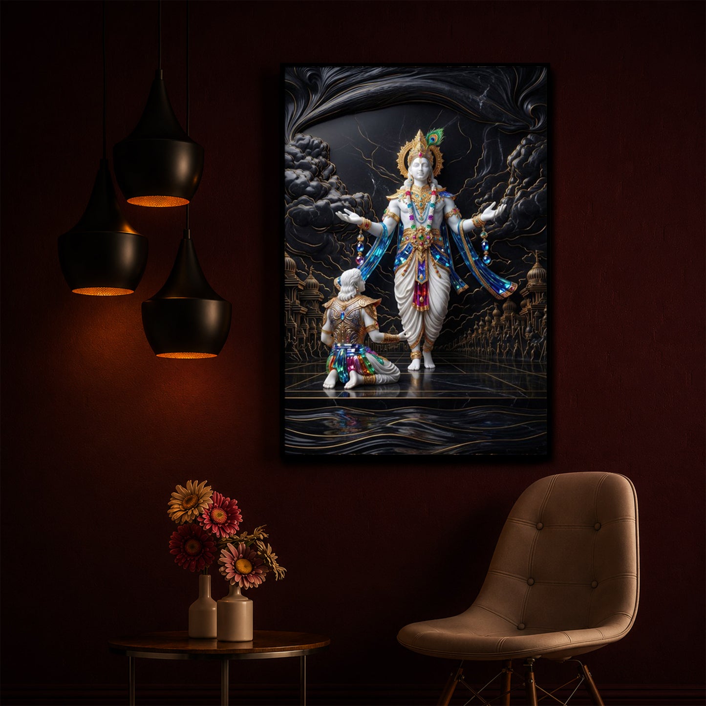 Lord Krishna With Arjuna Modern Luxury Backlight Vertical Wall Art