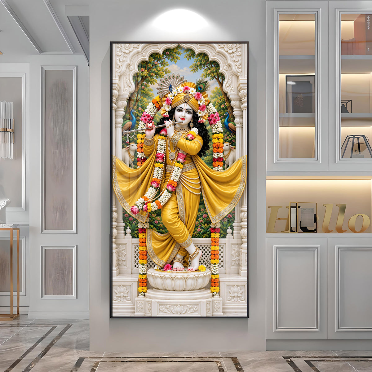 Krishna in Yellow Dress Premium Acrylic Vertical Wall Art