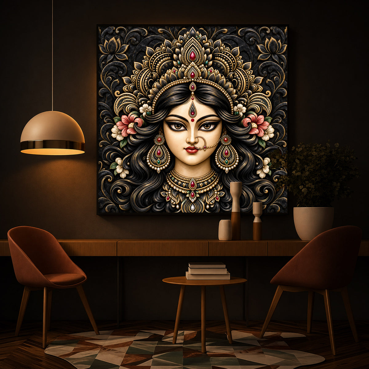 Divine Face of Durga Modern Luxury Backlight Square Wall Art