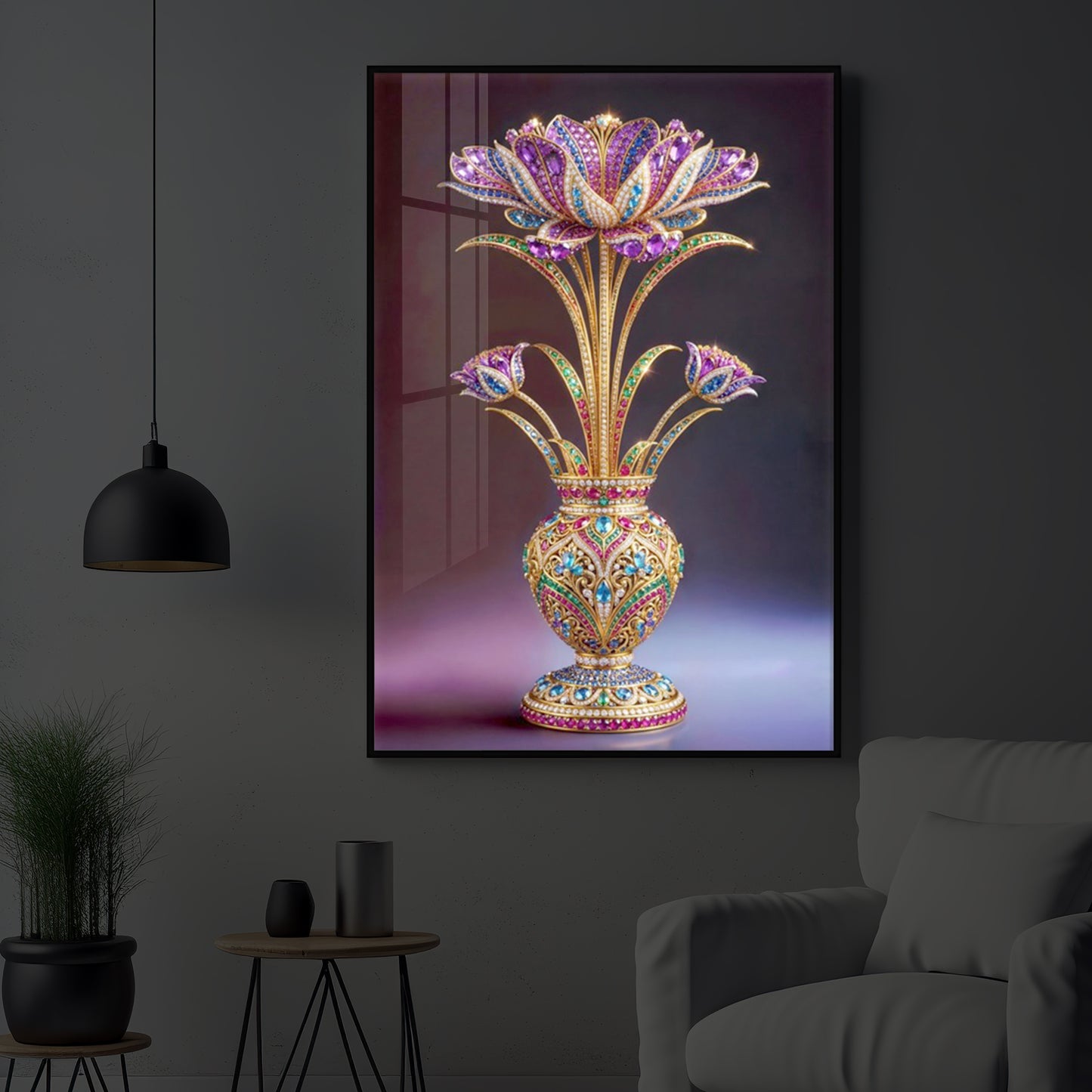 Detailed Decorative Vase Modern Luxury Backlight Vertical Wall Art