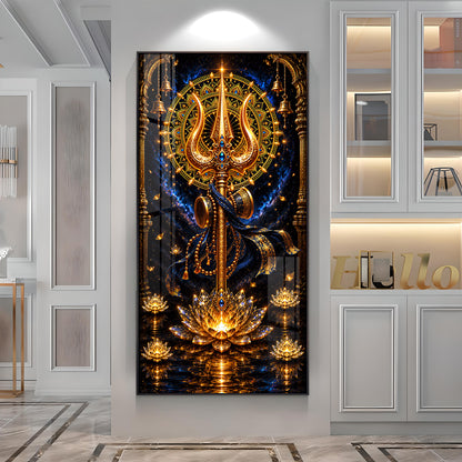 Divine Golden Trishul Premium Acrylic Vertical Wall Art