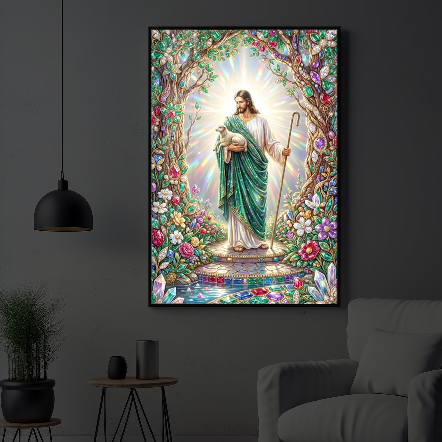 Divine Good Shepherd Jesus Modern Luxury Backlight Vertical Wall Art