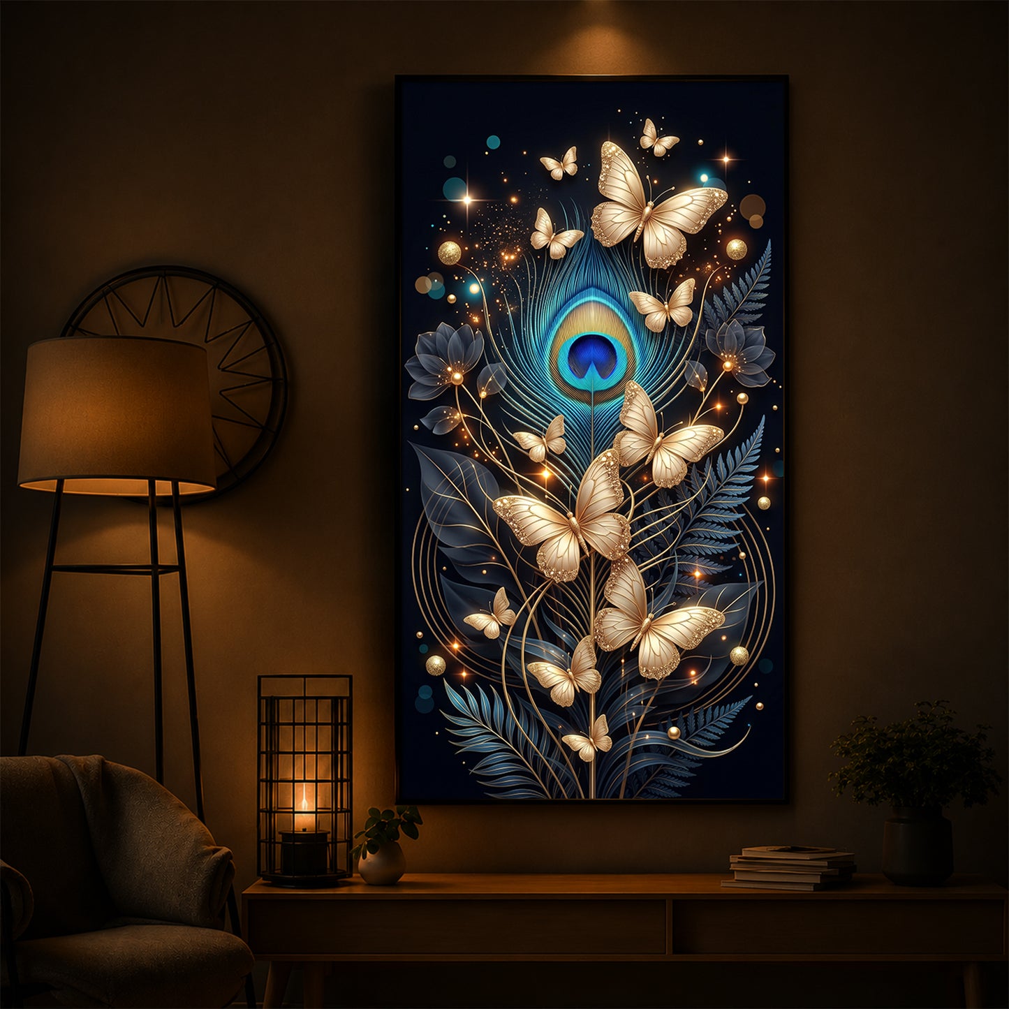 Golden Butterflies & Peacock Feather Modern Luxury Backlight Vertical Wall Art