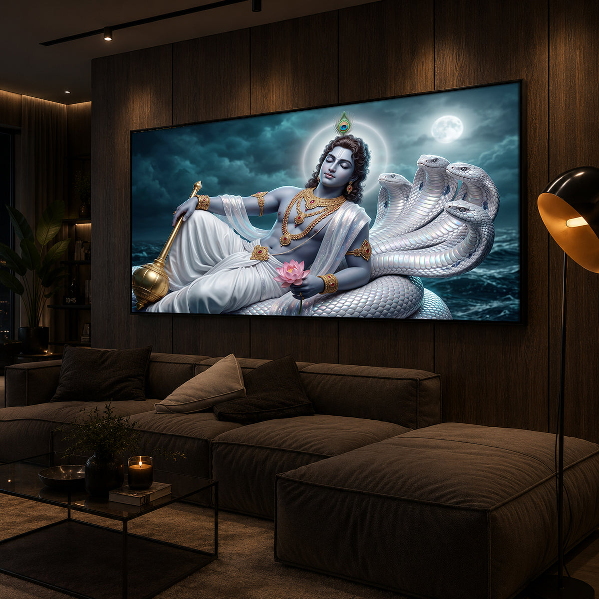 Lord Vishnu With Sheshnag Modern Luxury Backlight Horizontal Wall Art