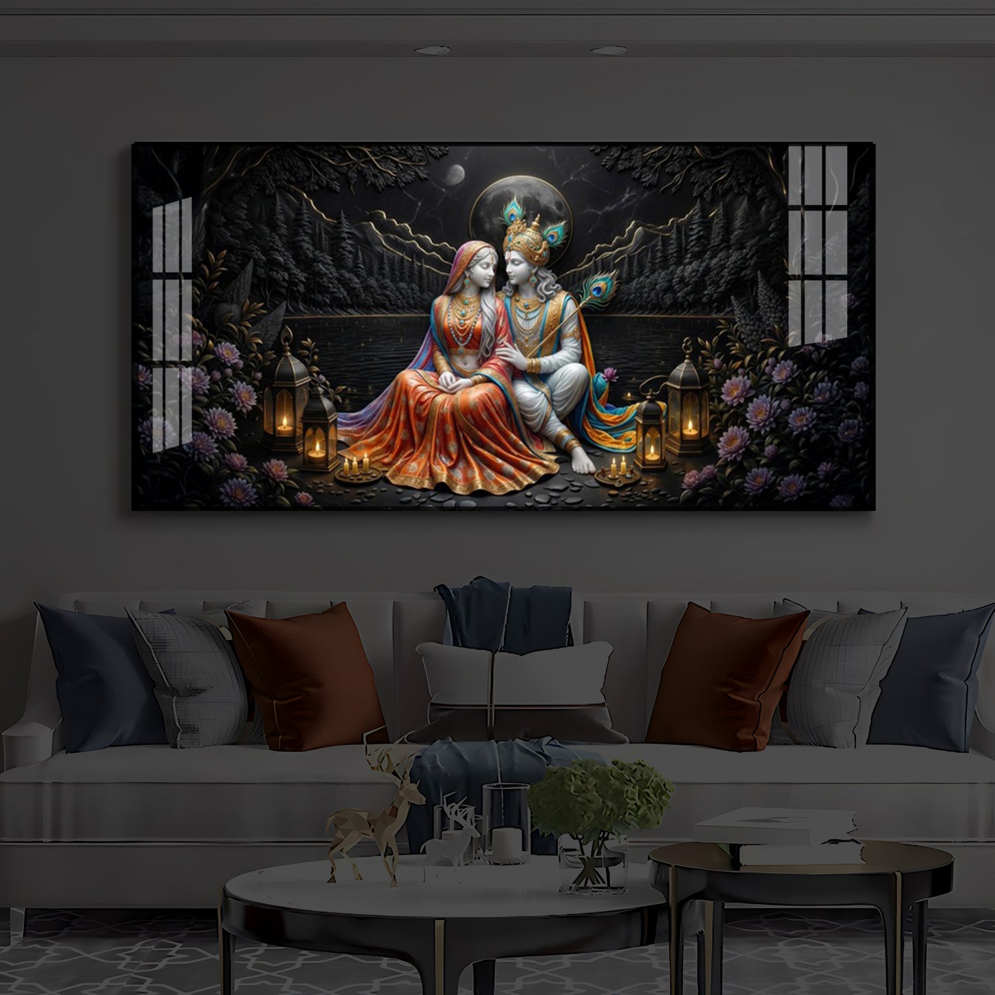 Hindu Deity Radha Krishna Modern Luxury Backlight Horizontal Wall Art