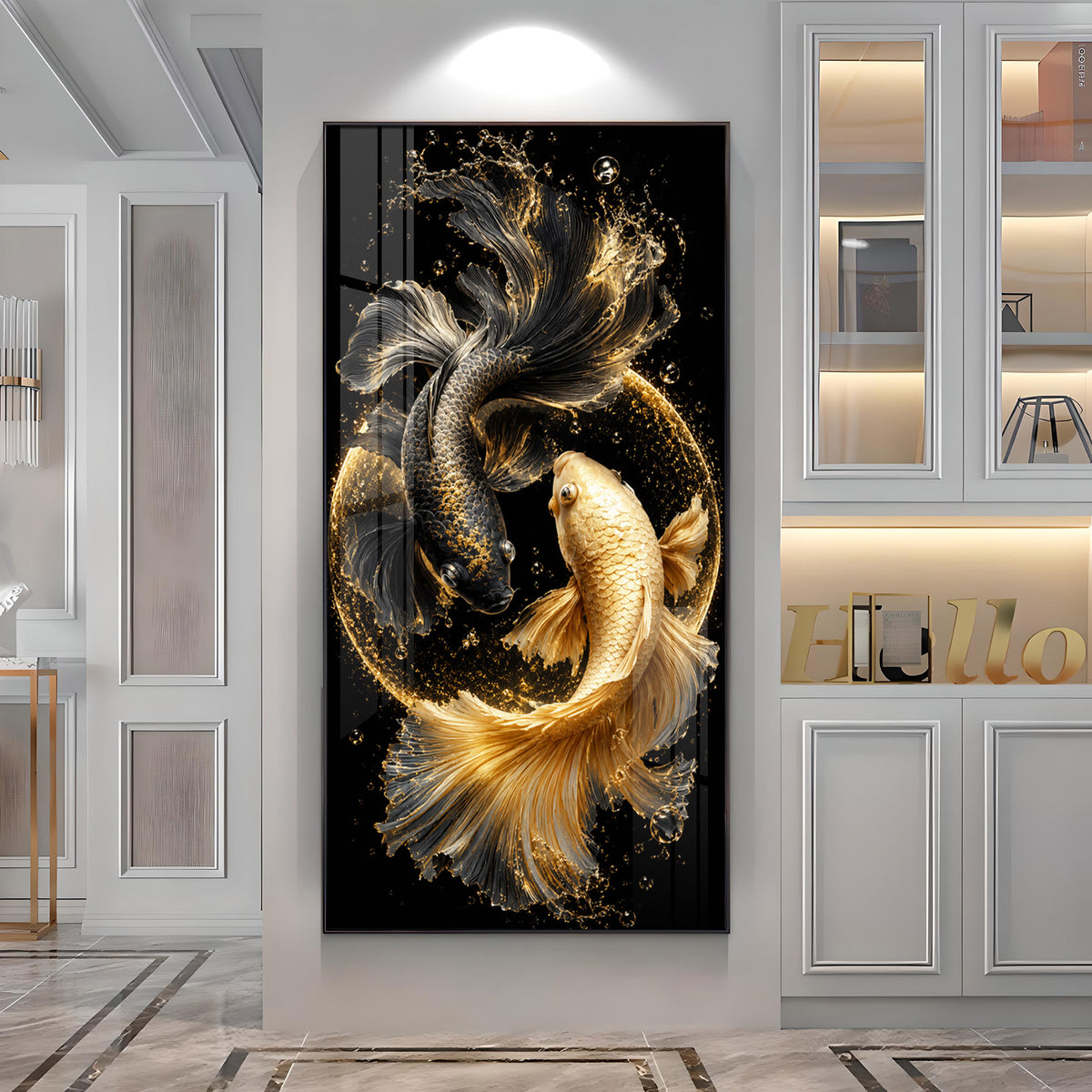 Yin Yang Golden & Black Koi Fish Premium Acrylic Vertical Wall Art
