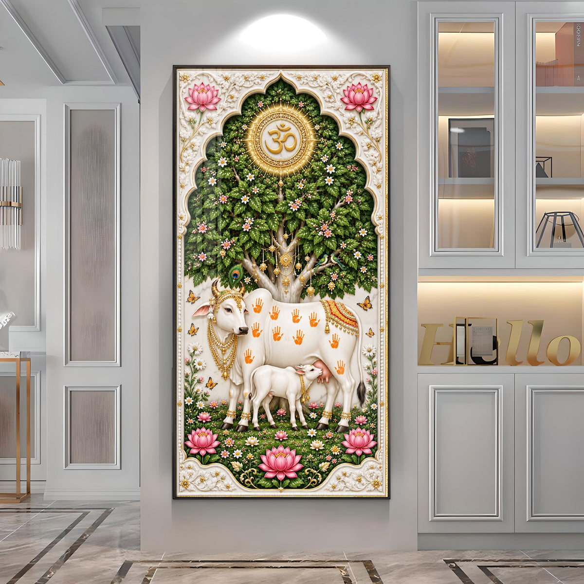 Kamdhenu Cow With Calf Premium Acrylic Vertical Wall Art