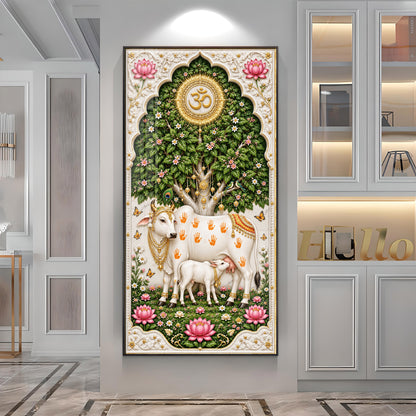 Kamdhenu Cow With Calf Premium Acrylic Vertical Wall Art