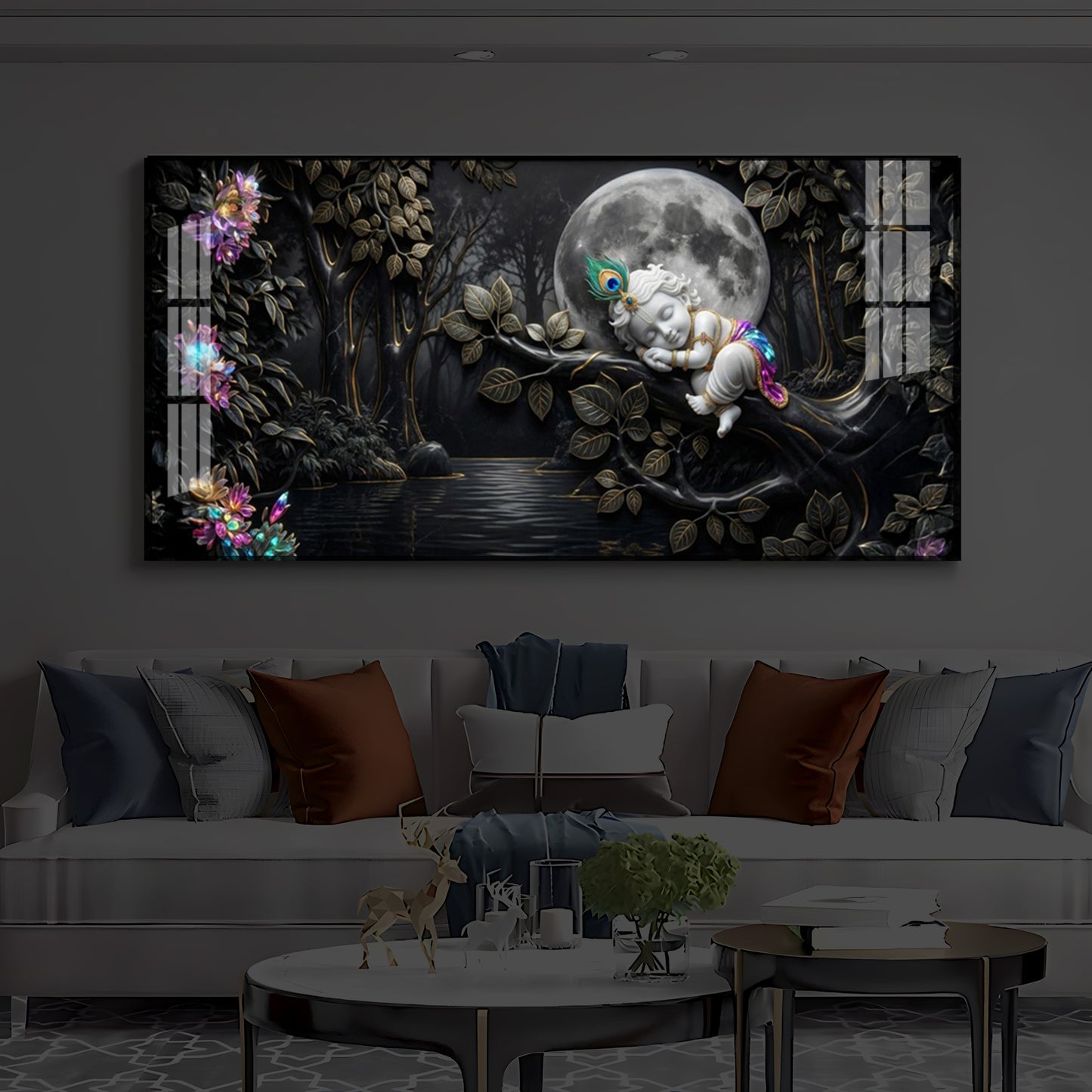 Divine Lord Little Krishna Modern Luxury Backlight Horizontal Wall Art