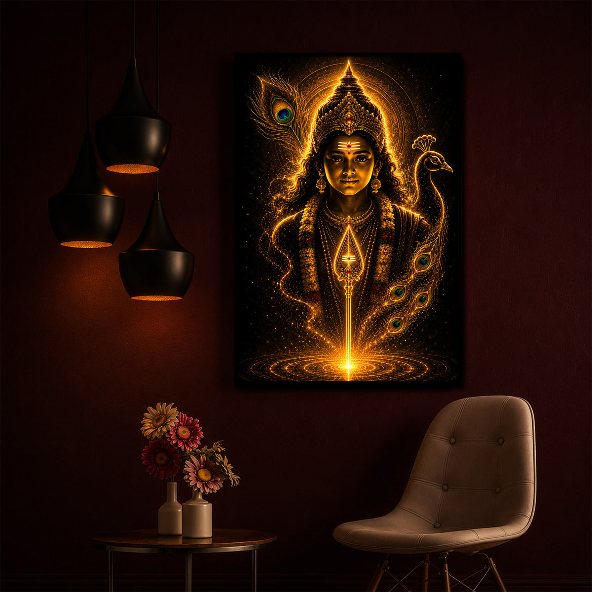 Divine Murugan With Peacock Modern Luxury Backlight Vertical Wall Art