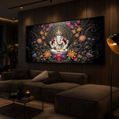 Lord Ganesha Blooming Lotuses Modern Luxury Backlight Horizontal Wall Art