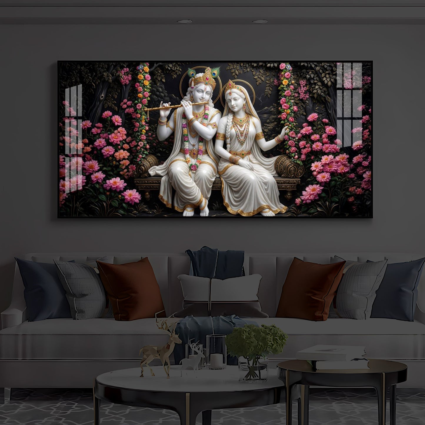 Radha Krishna With Flower Modern Luxury Backlight Horizontal Wall Art