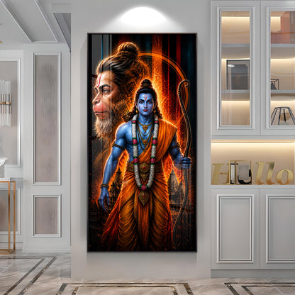 Sacred Lord Rama & Hanuman Divine Aura Premium Acrylic Vertical Wall Art