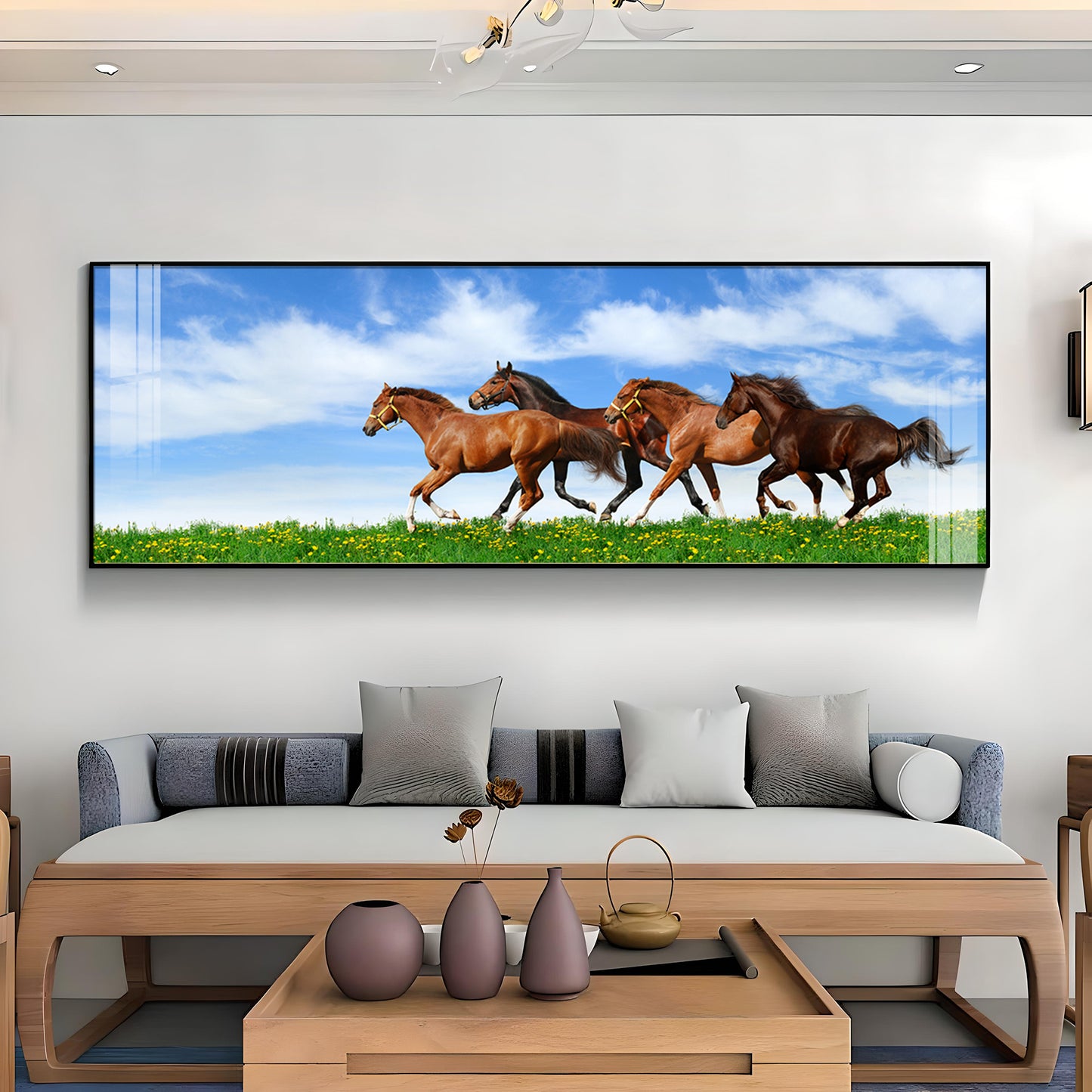 Horses In Green Grass Premium Acrylic Horizontal Wall Art