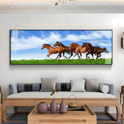 Horses In Green Grass Premium Acrylic Horizontal Wall Art