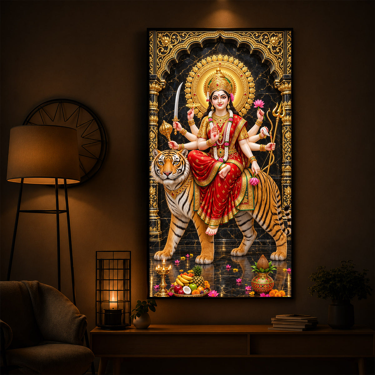 Goddess Ashtabhuja Durga Modern Luxury Backlight Vertical Wall Art