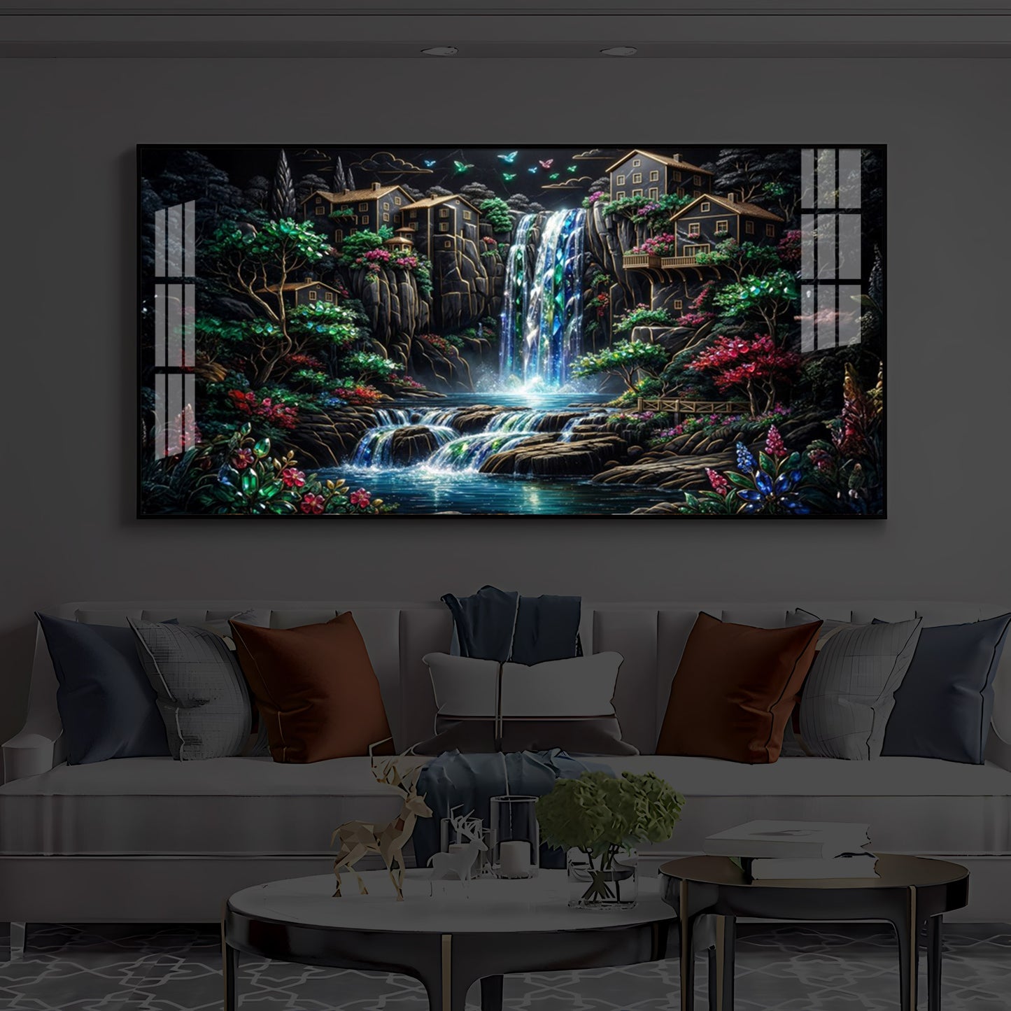 Lush Mountain Waterfall Modern Luxury Backlight Horizontal Wall Art