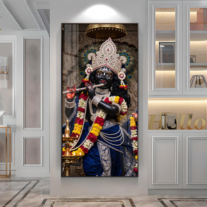Divine Krishna in Blue Attire Premium Acrylic Vertical Wall Art