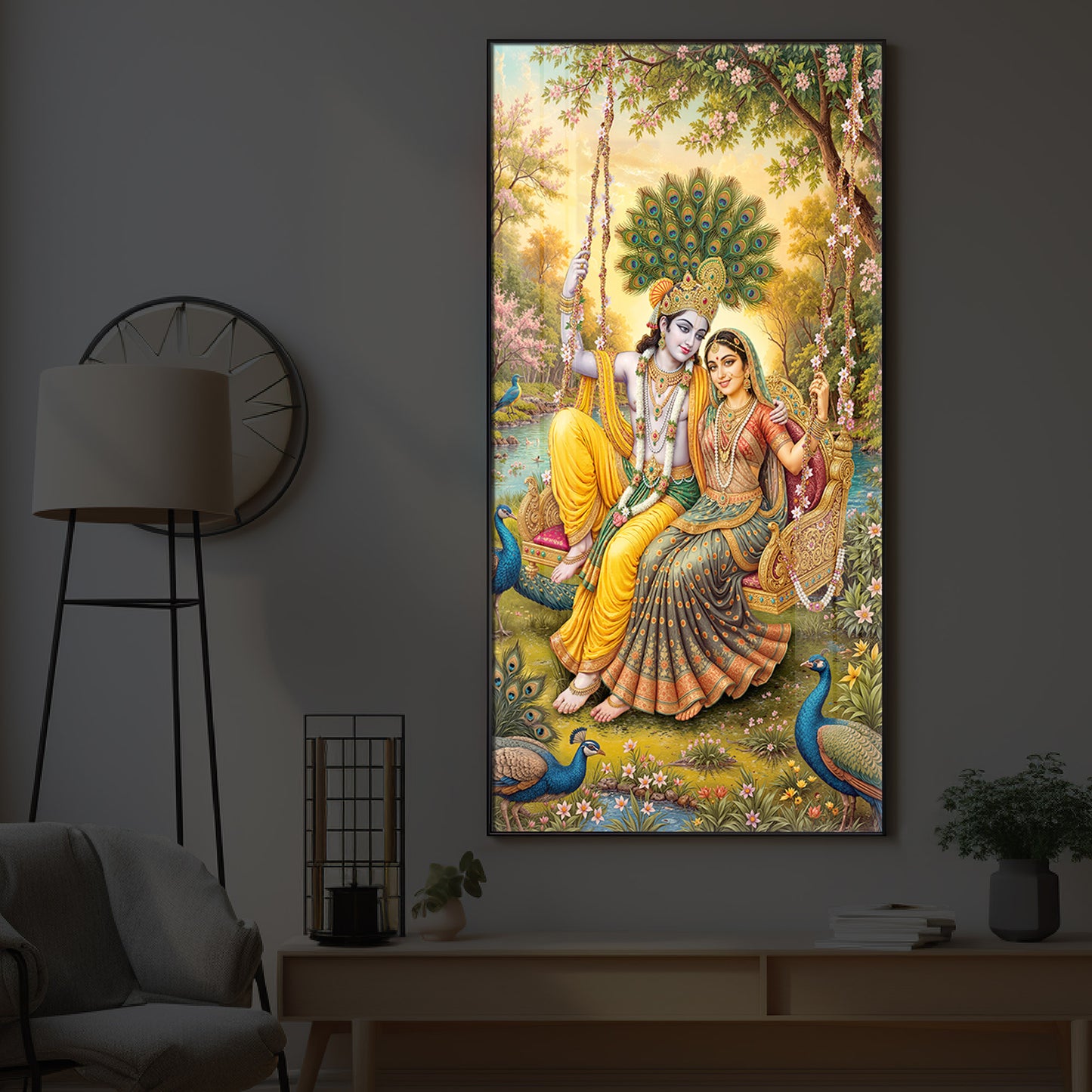 Jai Shri Radha Krishna Modern Luxury Backlight Vertical Wall Art