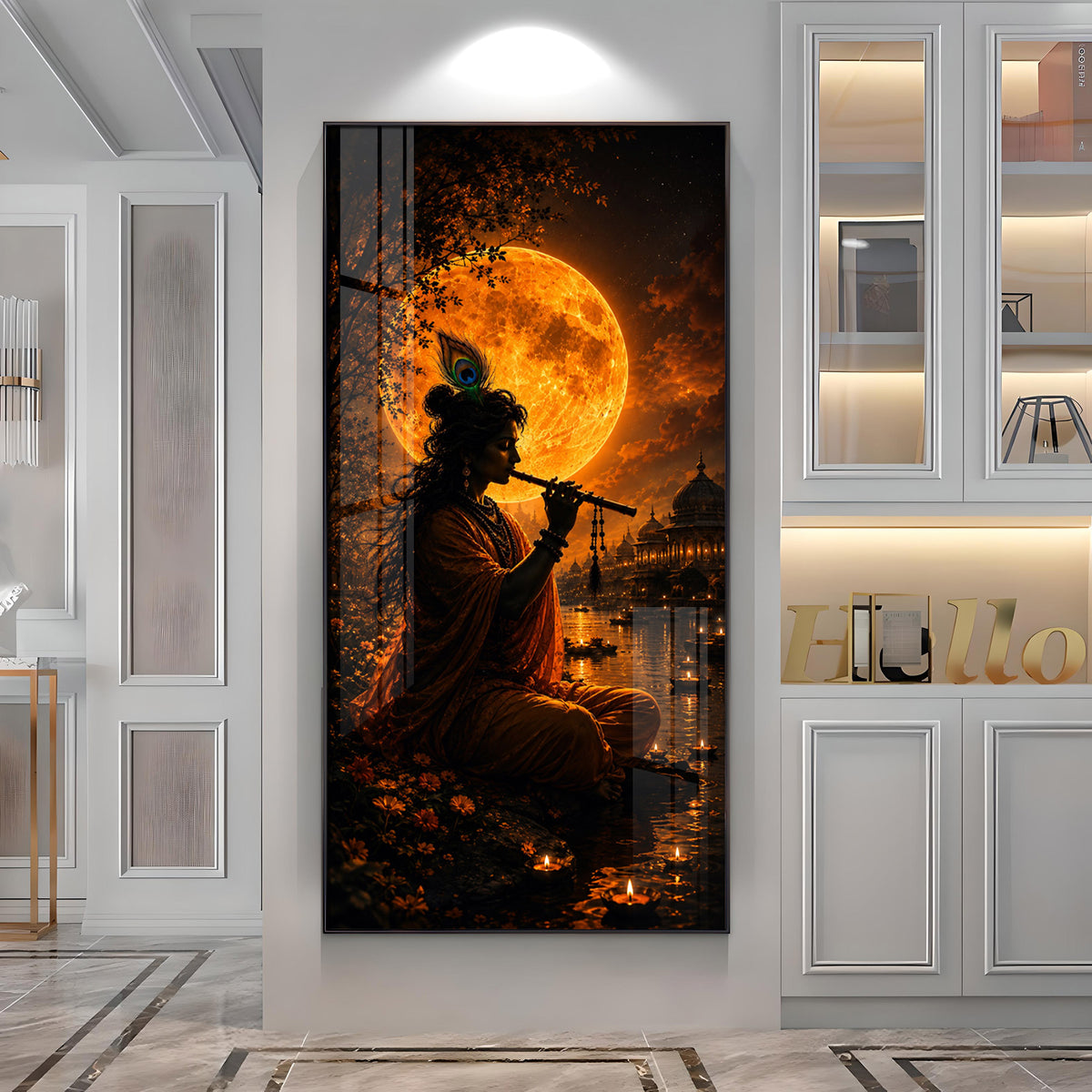 Lord Krishna Under Golden Full Moon Premium Acrylic Vertical Wall Art