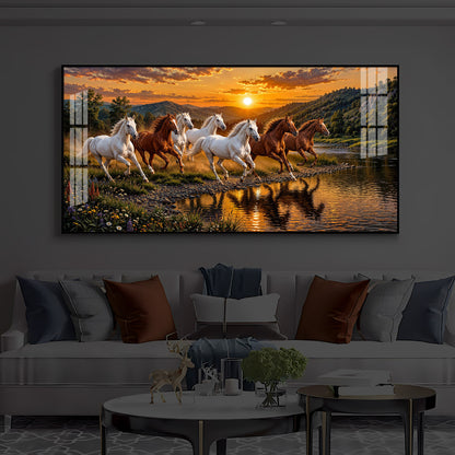 Seven Running Horses With Sunset Splash Modern Luxury Backlight Horizontal Wall Art