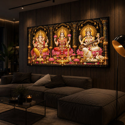 Goddess Lakshmi, Lord Ganesha and Goddess Saraswati Modern Luxury Backlight Horizontal Wall Art