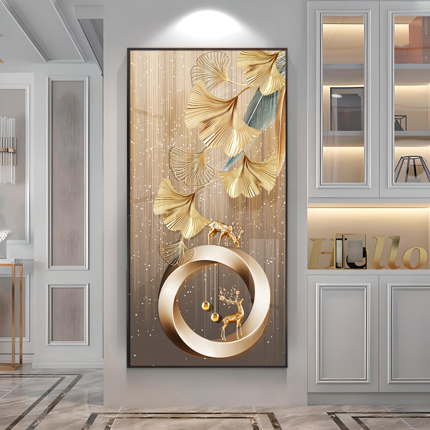Golden Deer With Leaf Premium Acrylic Vertical Wall Art