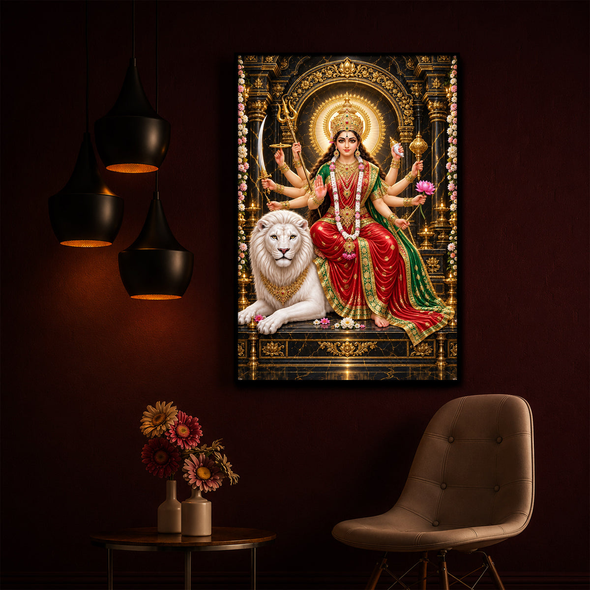 Maa Durga With White Lion Modern Luxury Backlight Vertical Wall Art