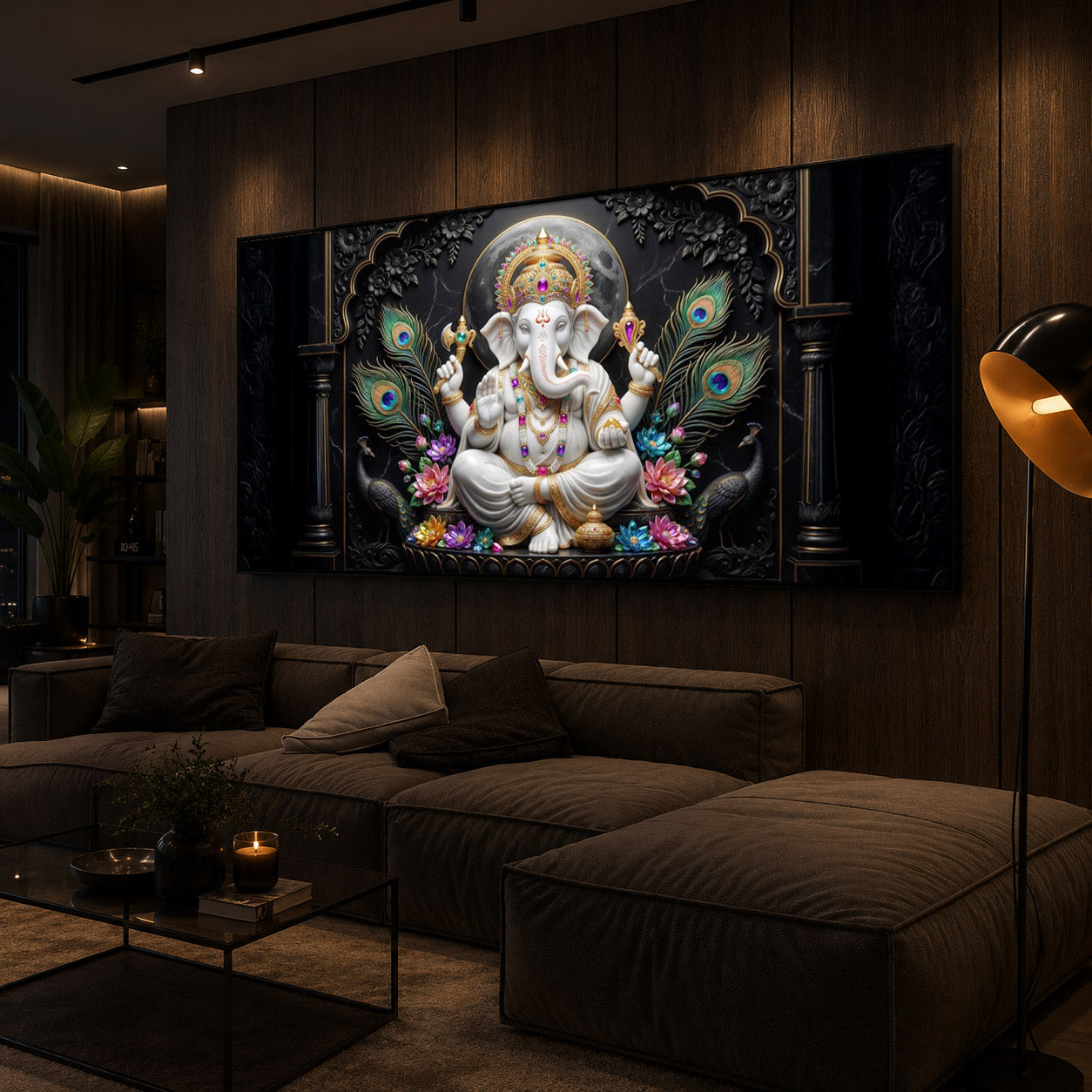 Lord Ganesha With Peacock Feather Modern Luxury Backlight Horizontal Wall Art