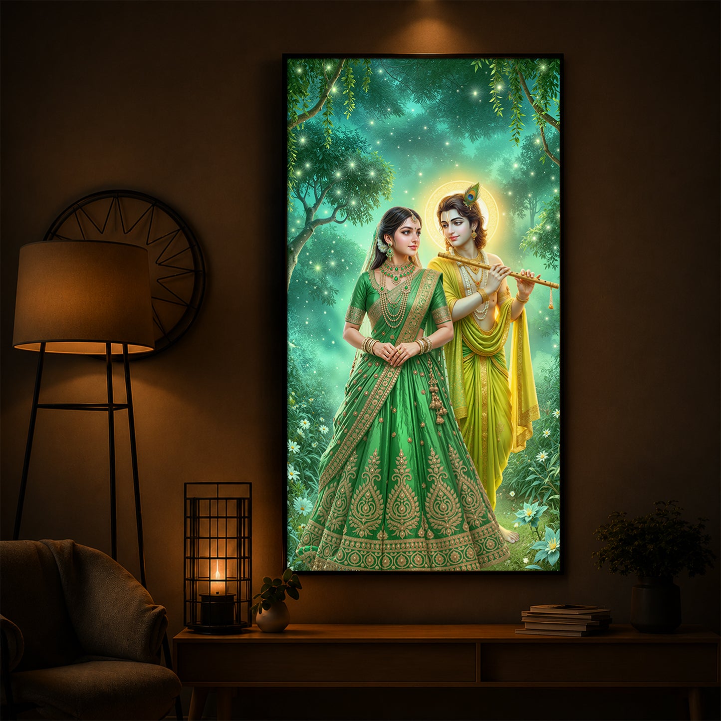 Shri Radhe Krishna Modern Luxury Backlight Vertical Wall Art