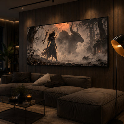 Shiva & Nandi In Forest Modern Luxury Backlight Horizontal Wall Art