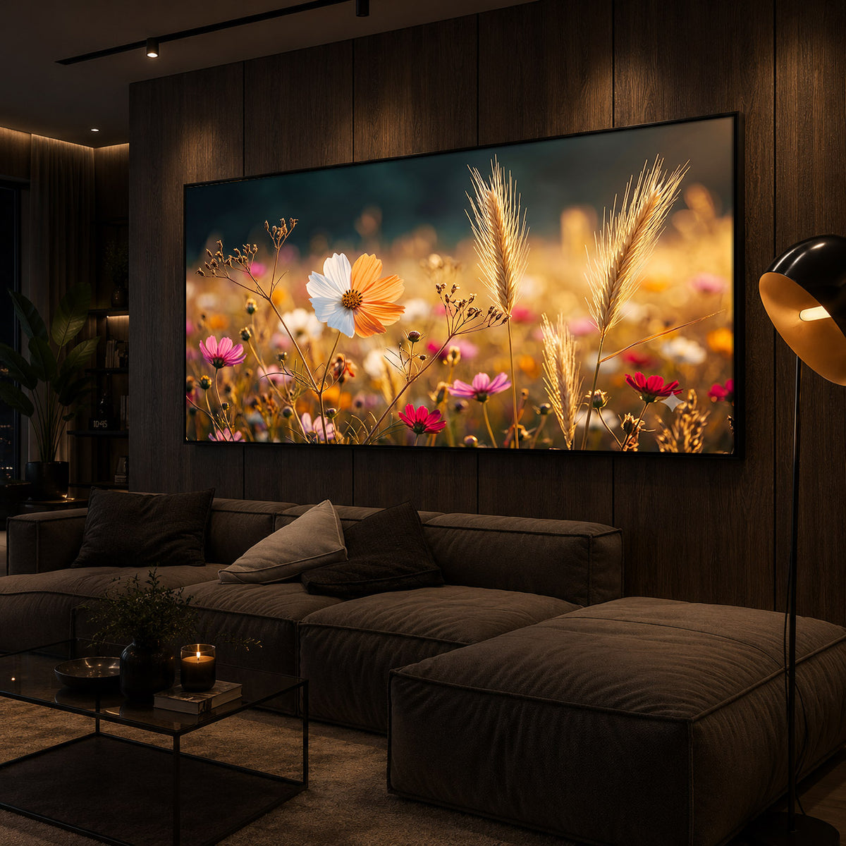 Golden Wildflower Meadow Modern Luxury Backlight Horizontal Wall Art