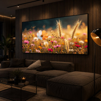 Golden Wildflower Meadow Modern Luxury Backlight Horizontal Wall Art