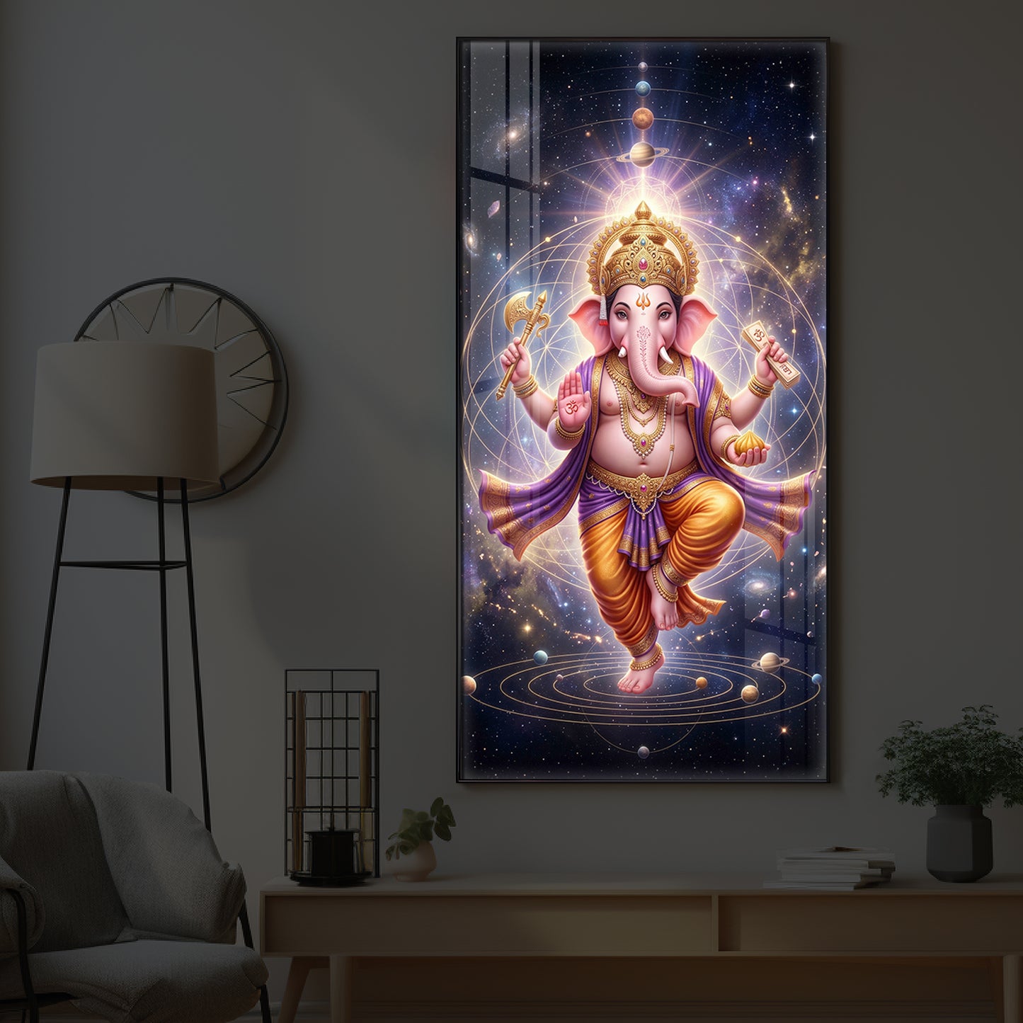 Shree Ganesha's Celestial Embrace Modern Luxury Backlight Vertical Wall Art