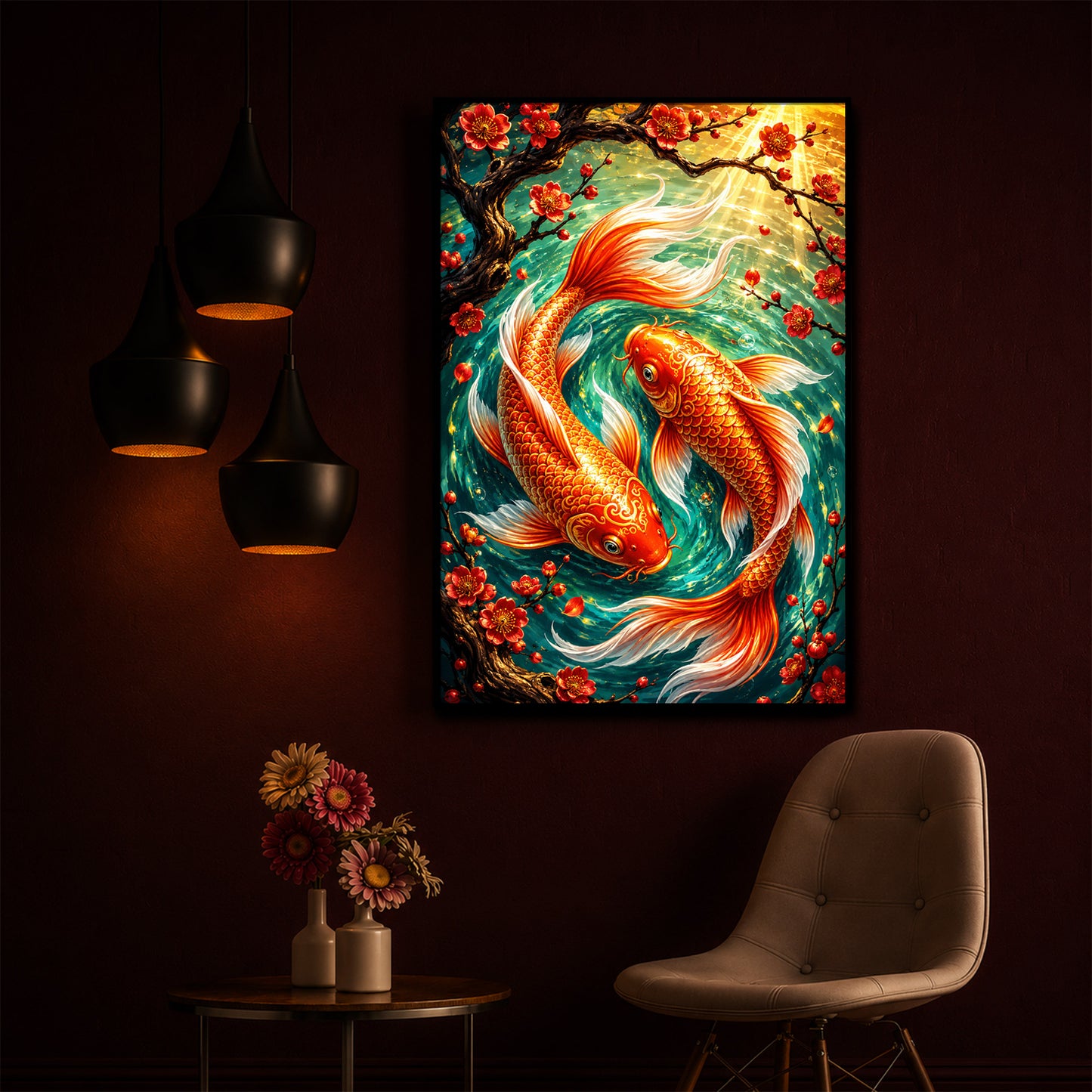 Two Beautiful Koi Fish Modern Luxury Backlight Vertical Wall Art